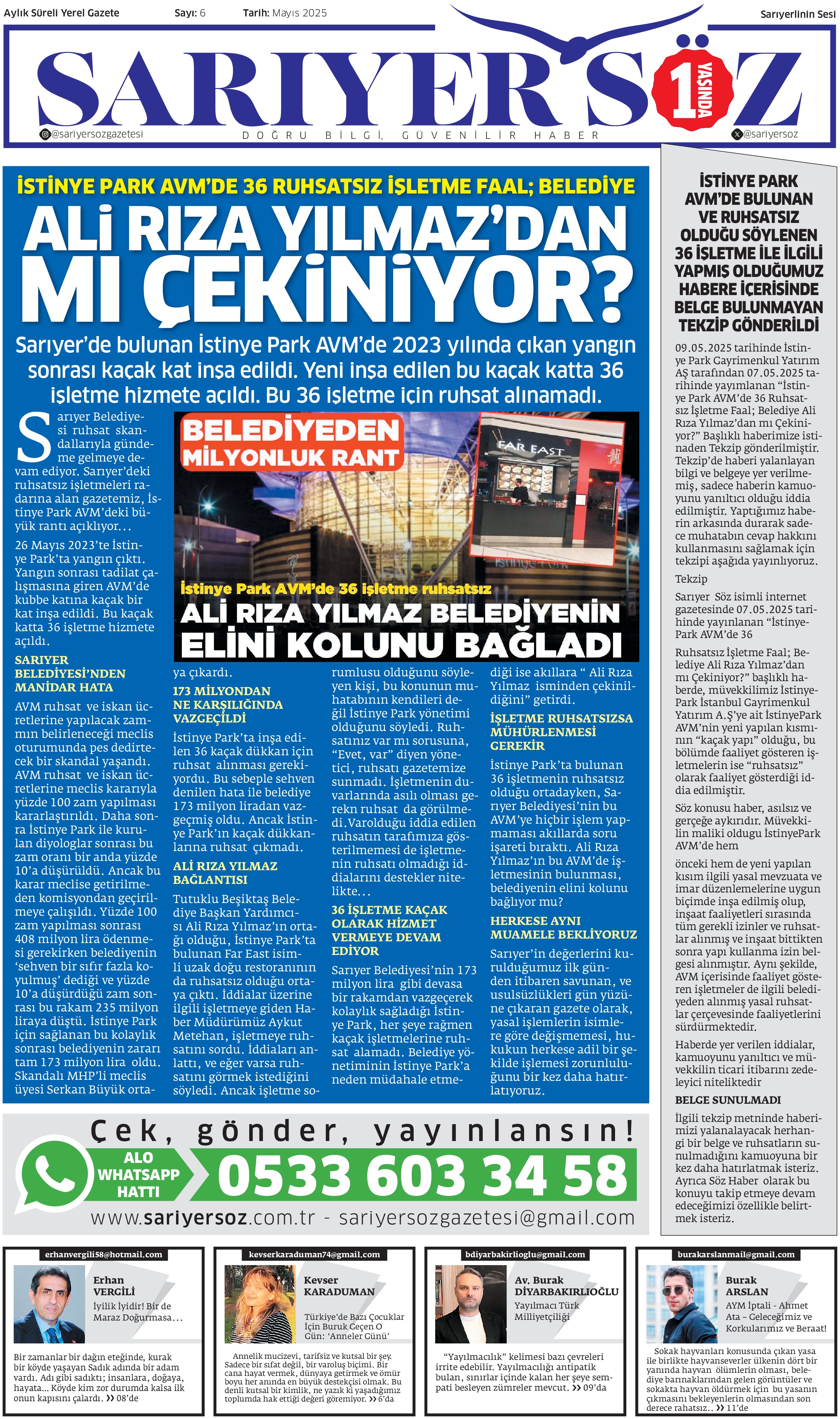 Sarıyer Söz Gazetesi Sayı:6 — Sayfa 1