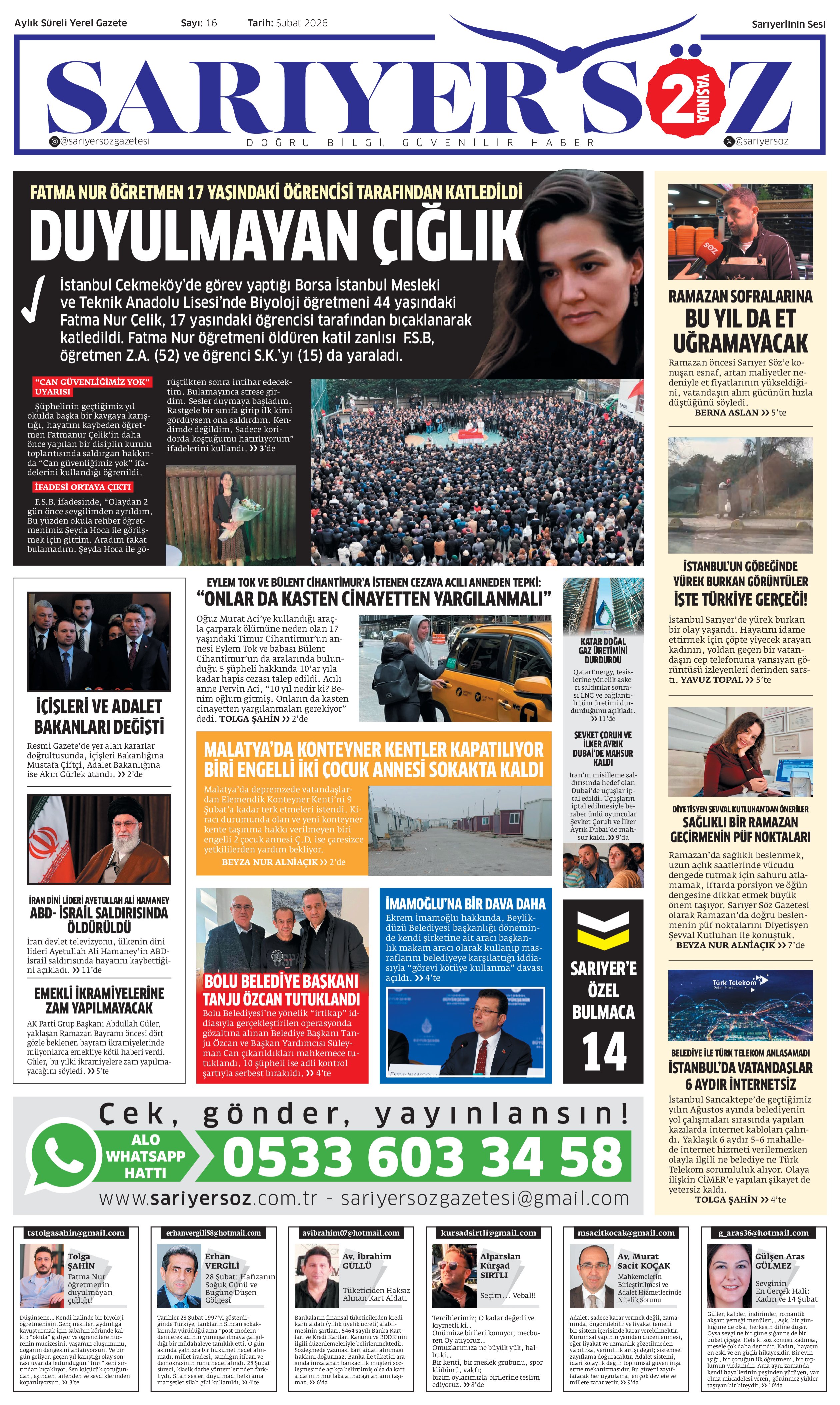 Sarıyer Söz Gazetesi Sayı:16 — Sayfa 1