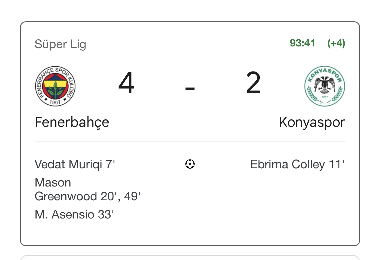Fenerbahçe 4-2 Konyaspor Maç bitti 