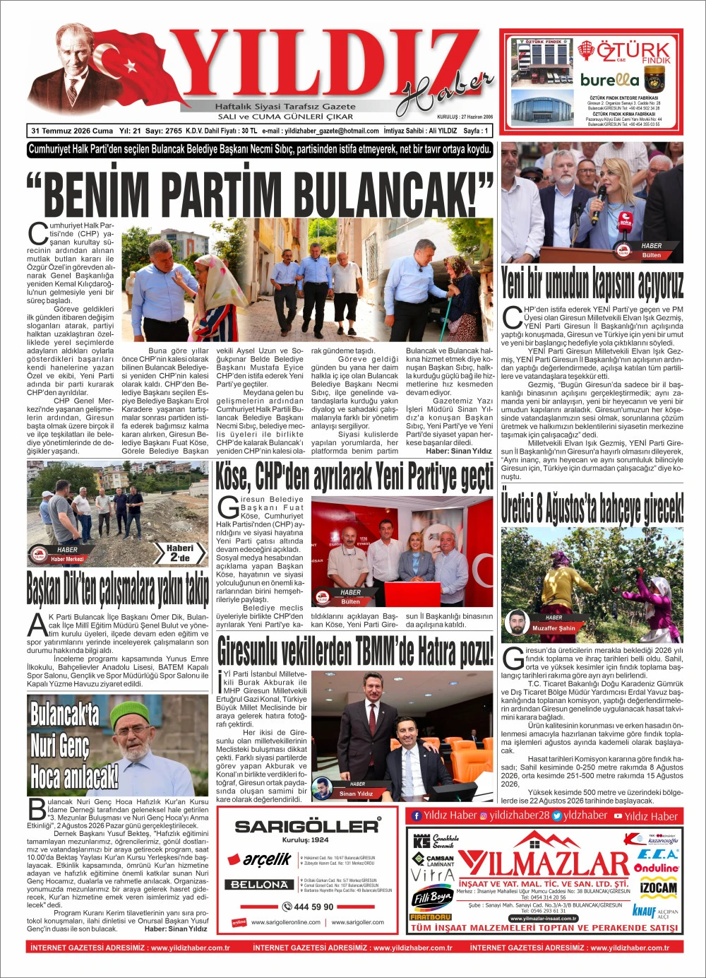 31 TEMMUZ 2026 CUMA