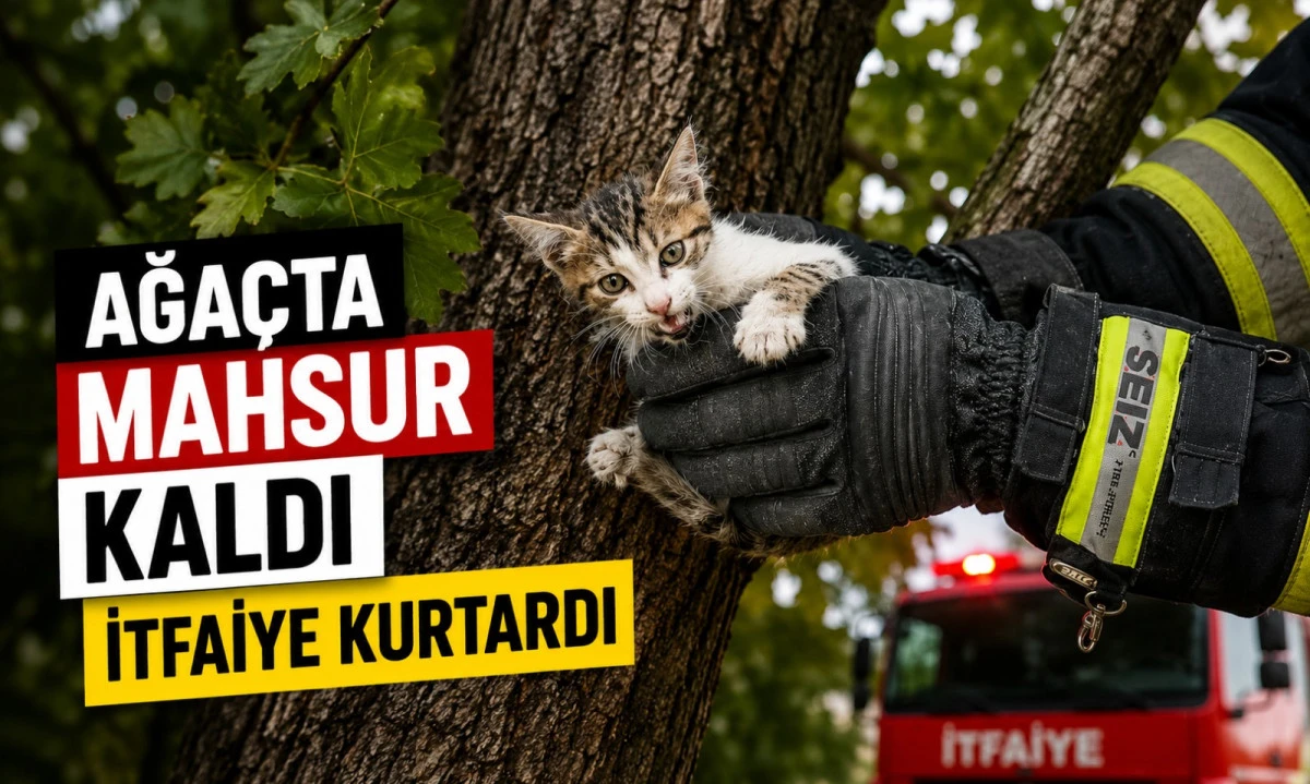 Düzce'de Ağaçta Mahsur Kalan Yavru Kedi İtfaiye Tarafından Kurtarıldı